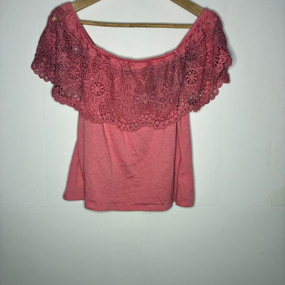 No Boundaries pink lace off the shoulder blouse with floral embroidery, size L